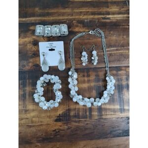 Silver & White Jewelry Set,Necklace Bracelets Earrings Ali-Khan Carol Eva Graham